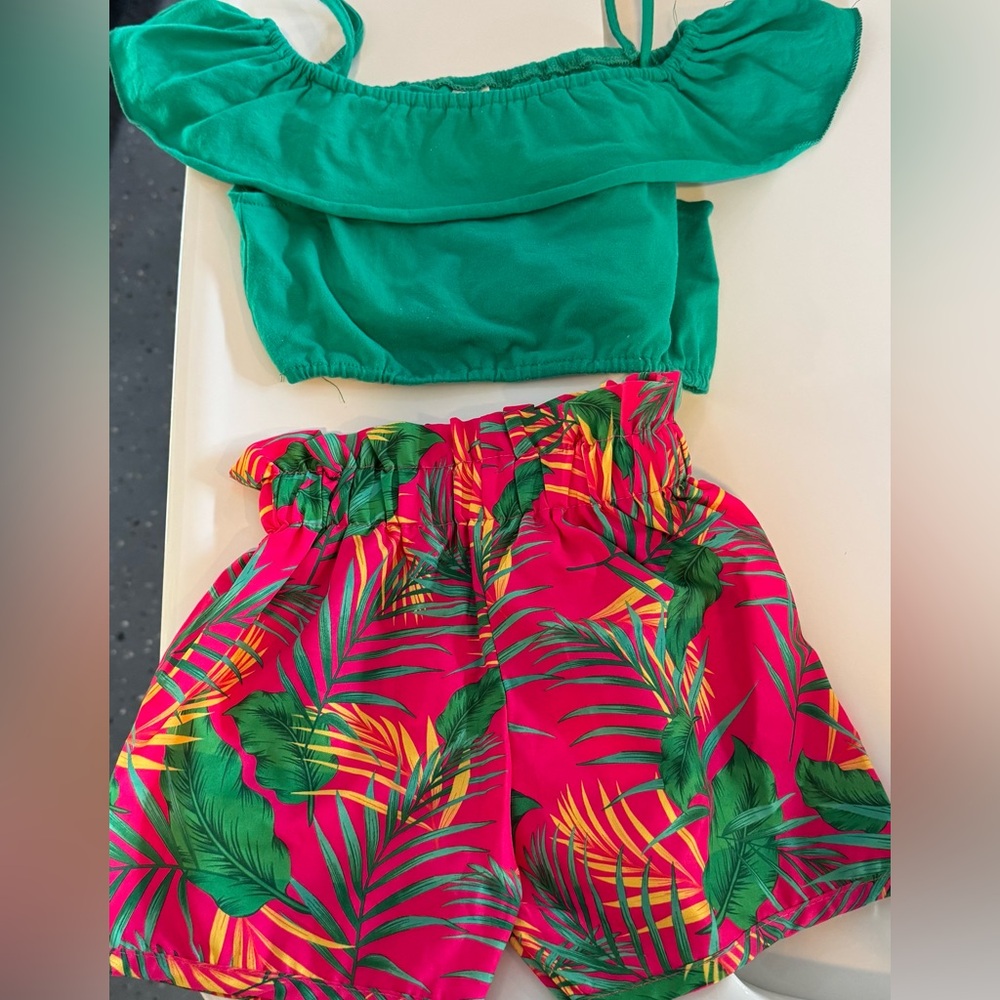 Tropical Green Top and Pink Leaf Shorts Set